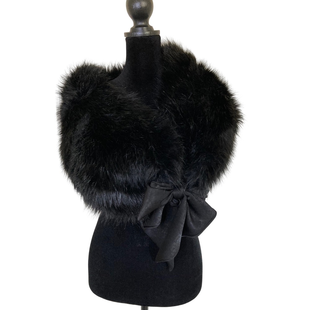 Black Faux Fur Stole Wrap with Front Bow Formal Evening Shrug One Size